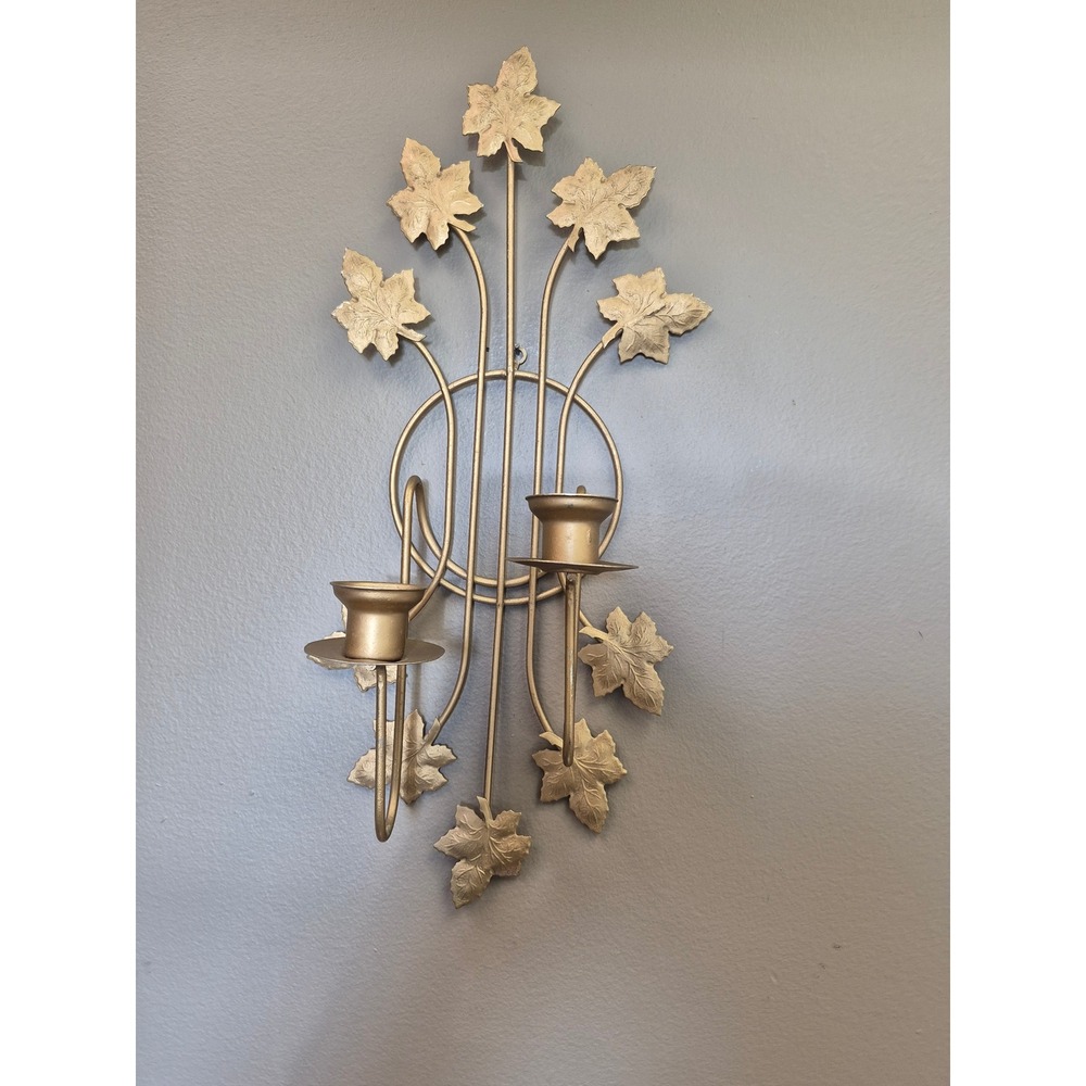 Vintage Gold Metal Ivy Leaf Wall‎ Sconce Double Candle Holder Hollywood Regency